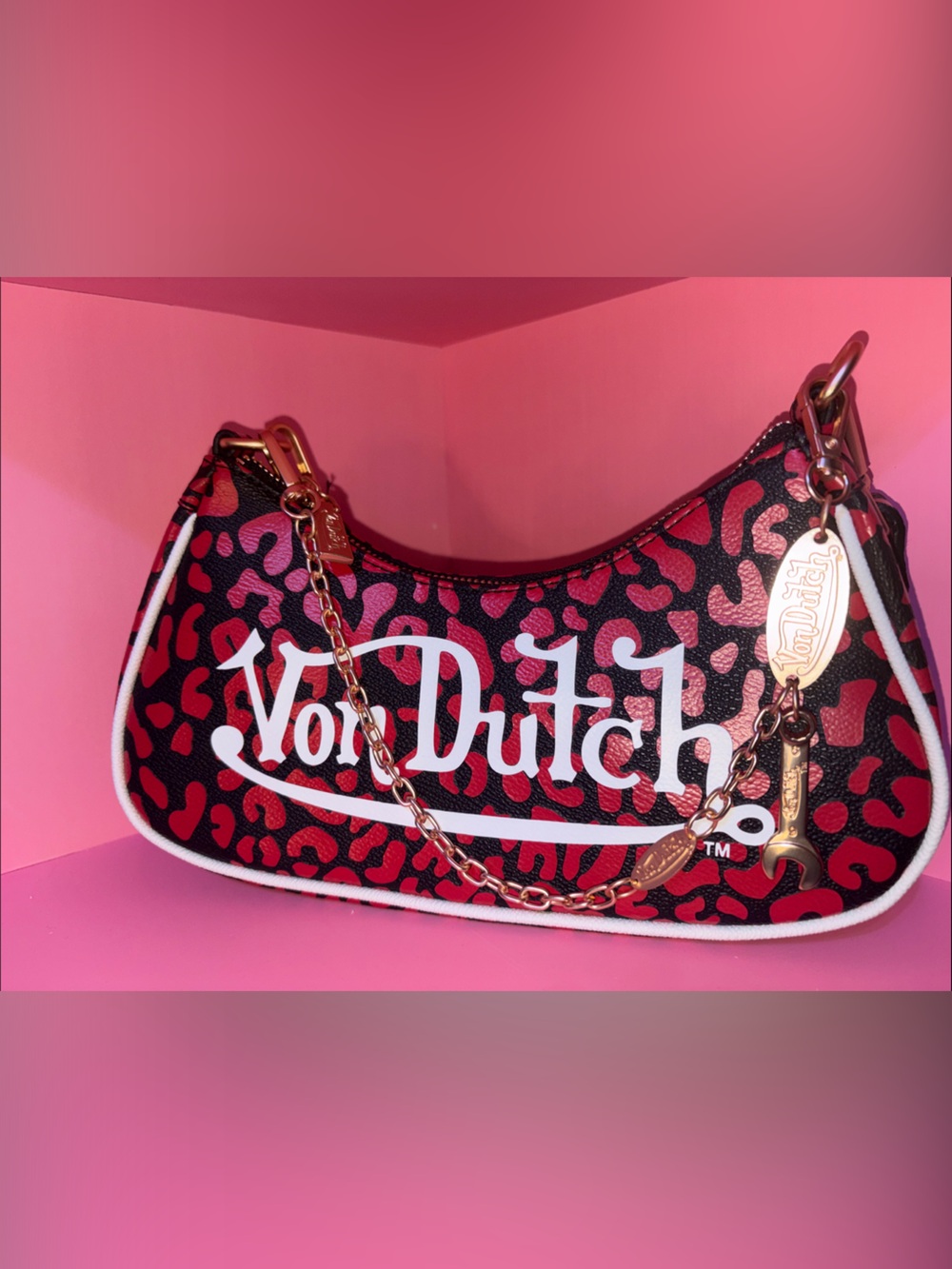 Von Dutch Pink & Black Leopard Print Shoulder Bag with Gold Chain